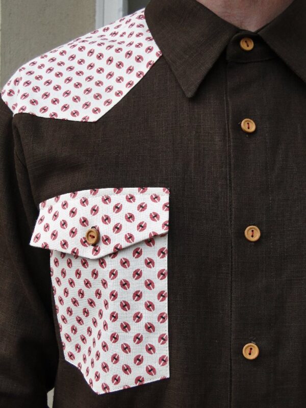 Chemise lin marron et coton à motifs